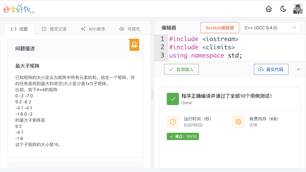 OJ 练习与考试工作台界面截图